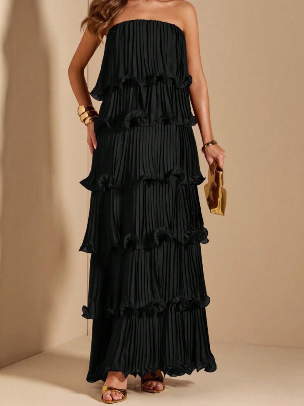 Black Elegant Women's Strapless Tiered Cake Dress - Picture 5 of 7